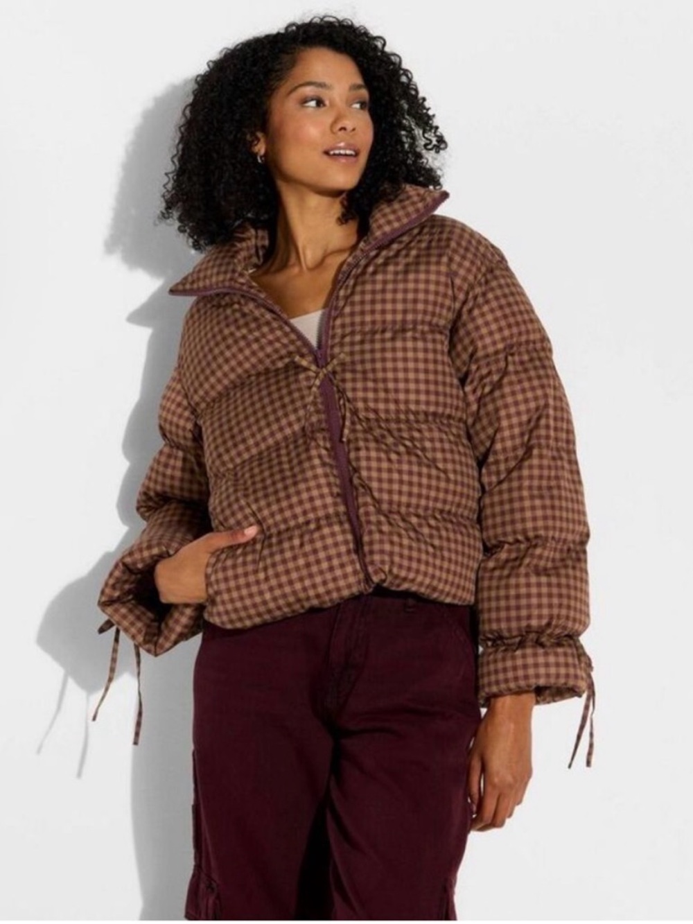 NWT wild fable Brown Check Cropped Puffer Jacket